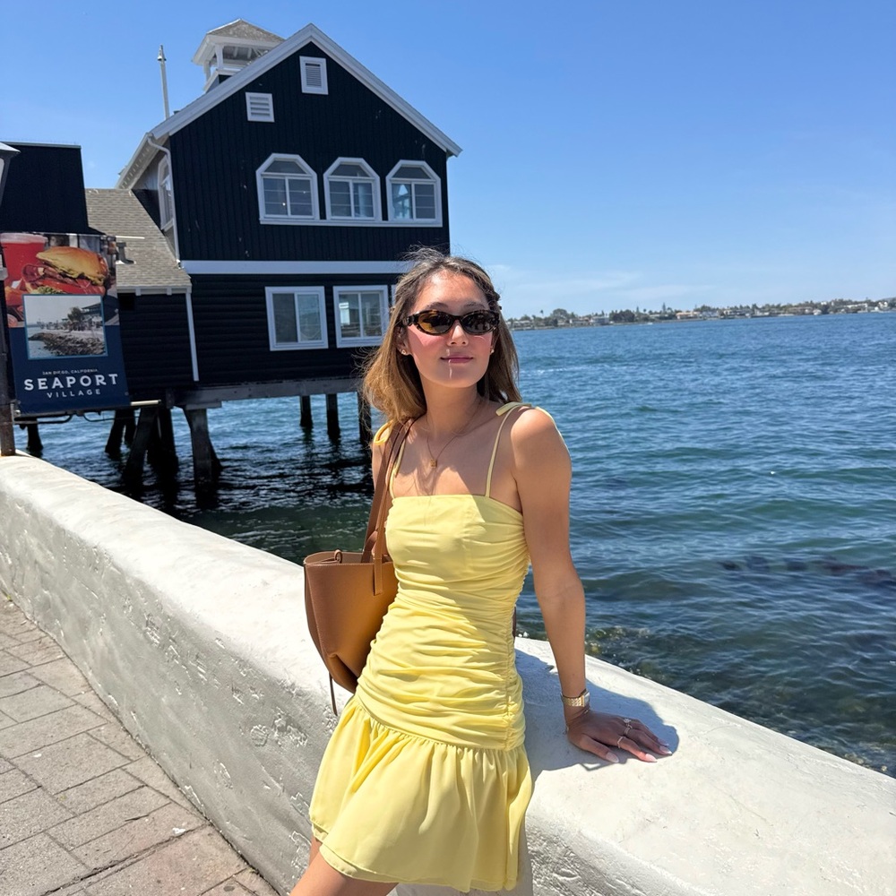 Beginning Boutique Yellow Ruched Mini Sundress